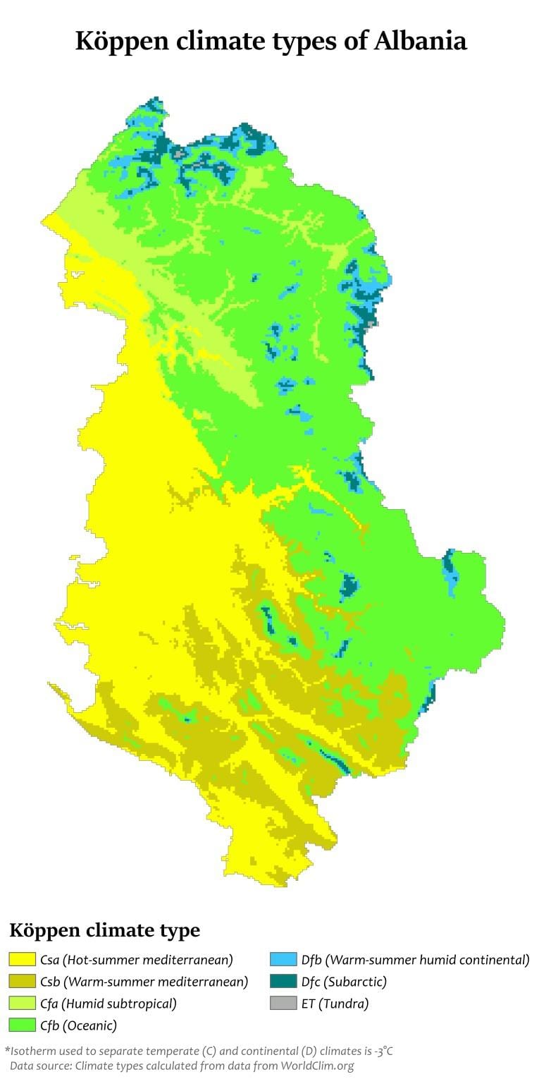 mapa Albánsko klímy