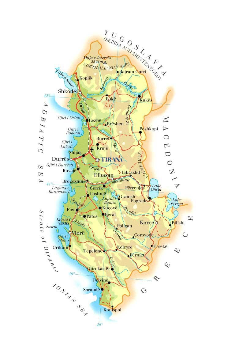 mapa fyzickej mape Albánska